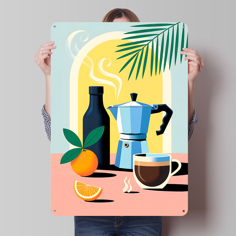 Retro Gaming Life - Koffie-stilleven met oranje blikken plaquetteposter, op